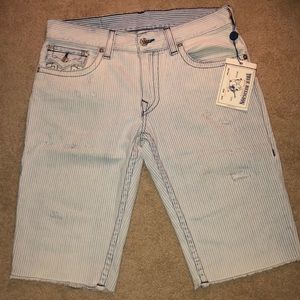 True religion pin stripe cut off jean shorts